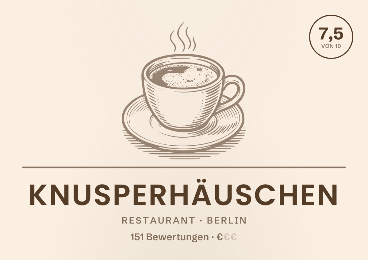 Illustriertes Poster von Knusperhäuschen, Restaurant in Berlin: Bewertung 7,5 von 10 aus 151 Bewertungen, Preisniveau €