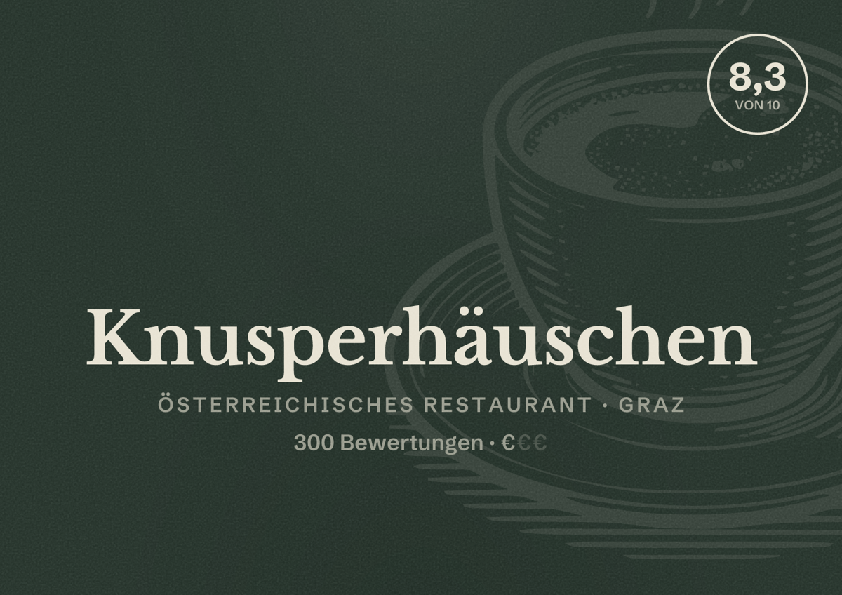 Illustriertes Poster von Knusperhäuschen, Österreichisches Restaurant in Graz: Bewertung 8,3 von 10 aus 300 Bewertungen, Preisniveau €