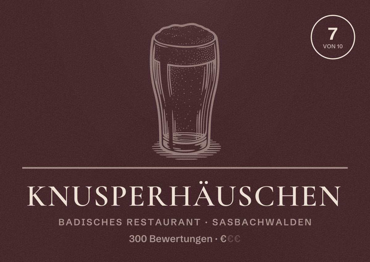 Illustriertes Poster von Knusperhäuschen, Badisches Restaurant in Sasbachwalden: Bewertung 7 von 10 aus 300 Bewertungen, Preisniveau €