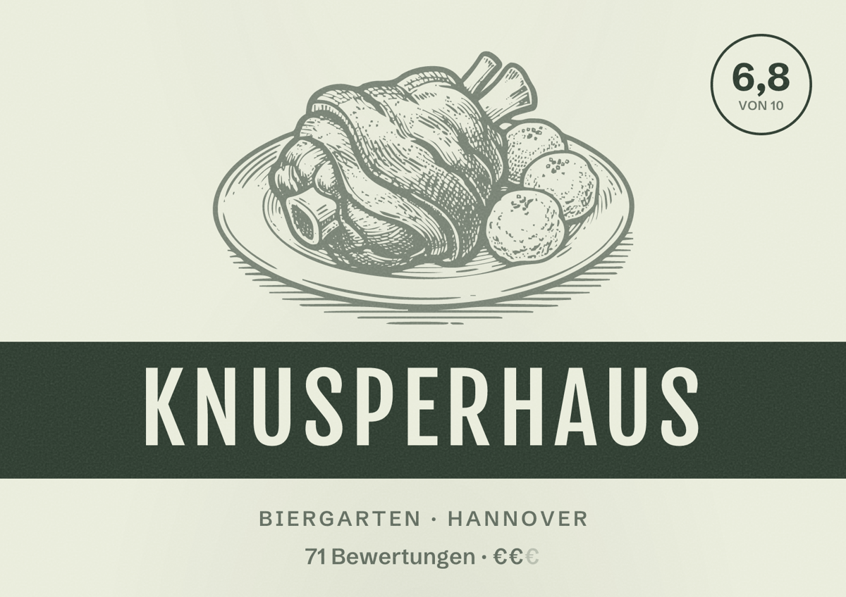 Illustriertes Poster von Knusperhaus, Biergarten in Hannover: Bewertung 6,8 von 10 aus 71 Bewertungen, Preisniveau €€