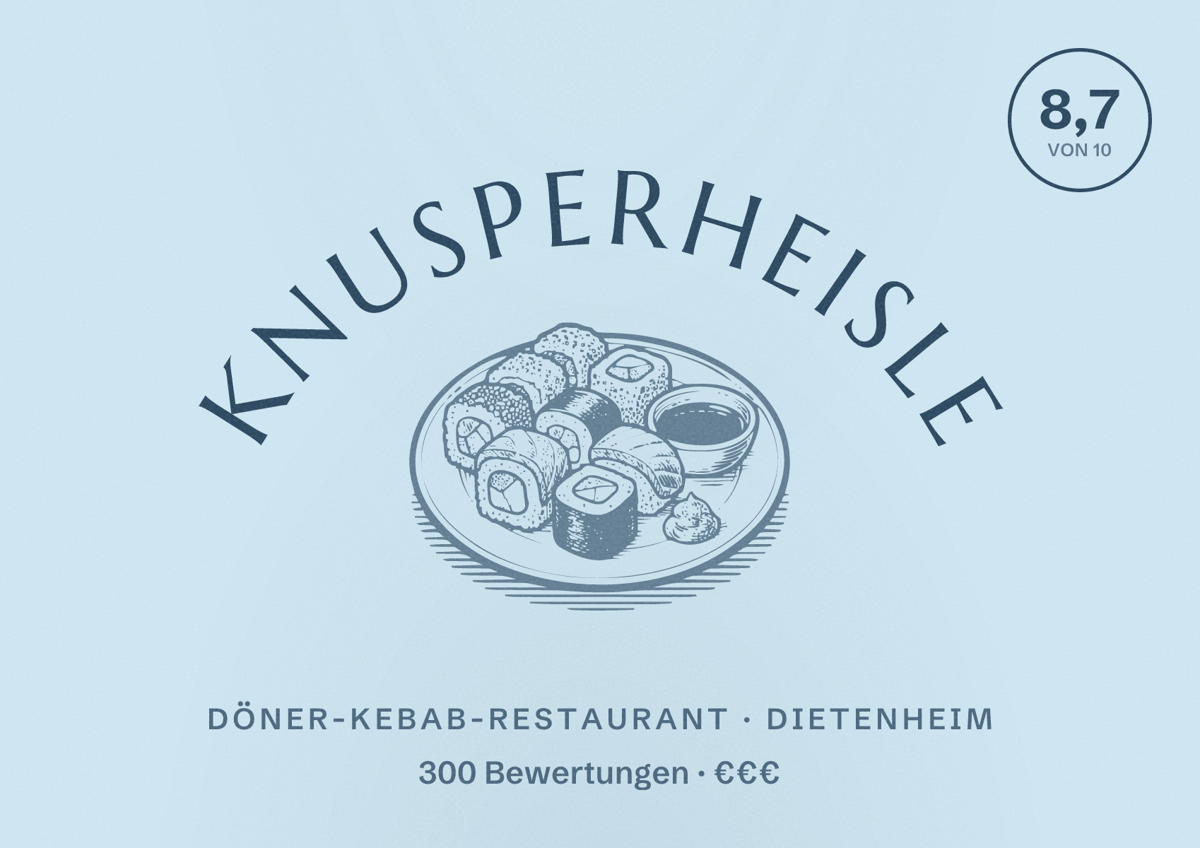 Illustriertes Poster von Knusperheisle, Döner-Kebab-Restaurant in Dietenheim: Bewertung 8,7 von 10 aus 300 Bewertungen, Preisniveau €€€