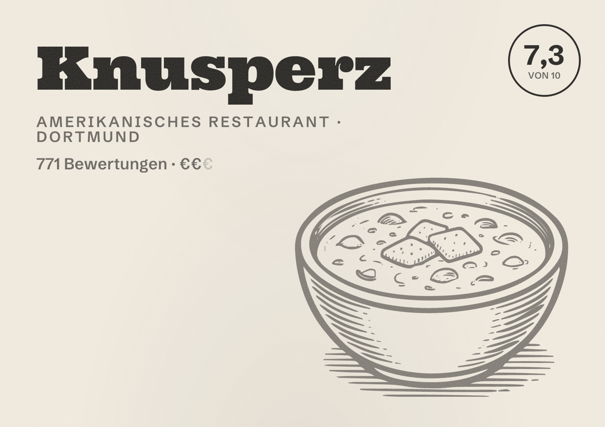 Illustriertes Poster von Knusperz, Amerikanisches Restaurant in Dortmund: Bewertung 7,3 von 10 aus 771 Bewertungen, Preisniveau €€
