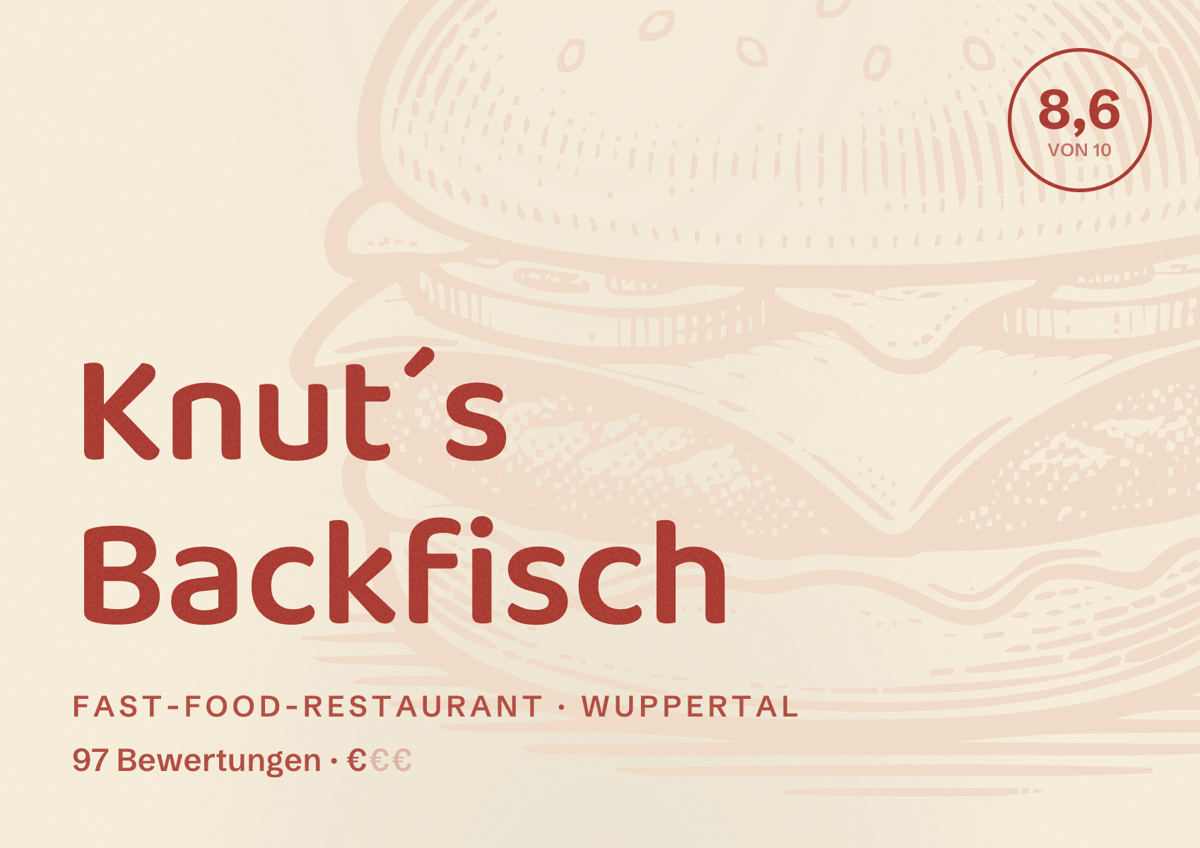 Illustriertes Poster von Knut´s Backfisch, Fast-Food-Restaurant in Wuppertal: Bewertung 8,6 von 10 aus 97 Bewertungen, Preisniveau €