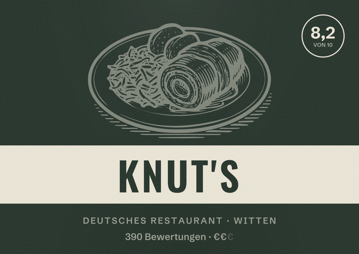 Illustriertes Poster von Knut's, Deutsches Restaurant in Witten: Bewertung 8,2 von 10 aus 390 Bewertungen, Preisniveau €€