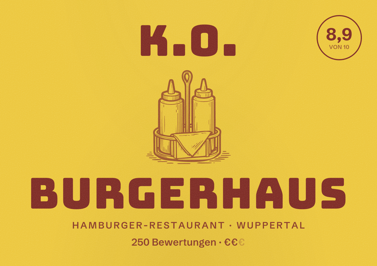 Illustriertes Poster von K.O. BurgerHaus, Hamburger-Restaurant in Wuppertal: Bewertung 8,8 von 10 aus 250 Bewertungen, Preisniveau €€