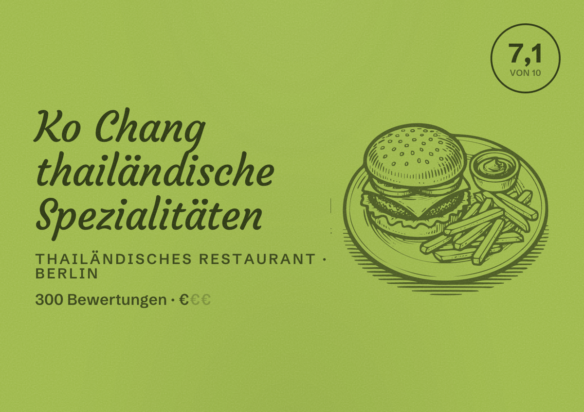 Illustriertes Poster von Ko Chang thailändische Spezialitäten, Thailändisches Restaurant in Berlin: Bewertung 7,1 von 10 aus 300 Bewertungen, Preisniveau €