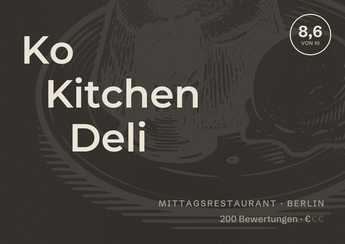 Illustriertes Poster von Ko Kitchen Deli, Mittagsrestaurant in Berlin: Bewertung 8,6 von 10 aus 200 Bewertungen, Preisniveau €