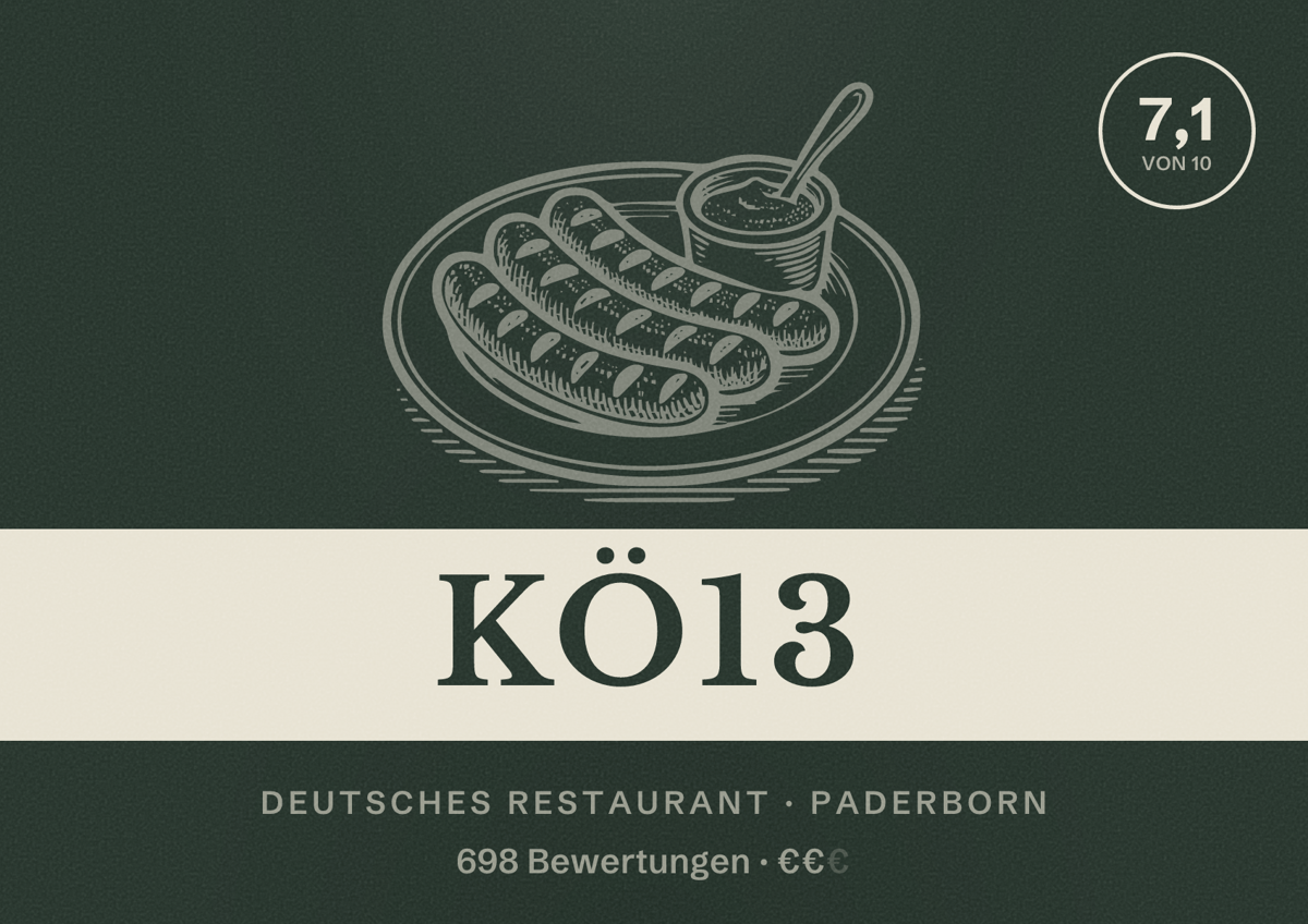 Illustriertes Poster von KÖ13, Deutsches Restaurant in Paderborn: Bewertung 7,1 von 10 aus 698 Bewertungen, Preisniveau €€