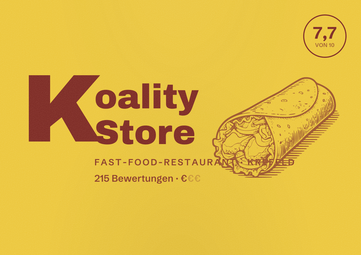 Illustriertes Poster von Koality Store, Fast-Food-Restaurant in Krefeld: Bewertung 7,7 von 10 aus 215 Bewertungen, Preisniveau €