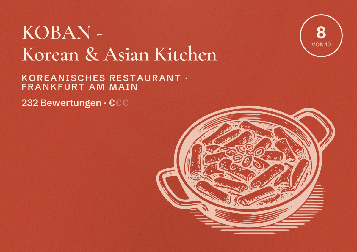 Illustriertes Poster von KOBAN - Korean & Asian Kitchen, Koreanisches Restaurant in Frankfurt am Main: Bewertung 8,0 von 10 aus 232 Bewertungen, Preisniveau €