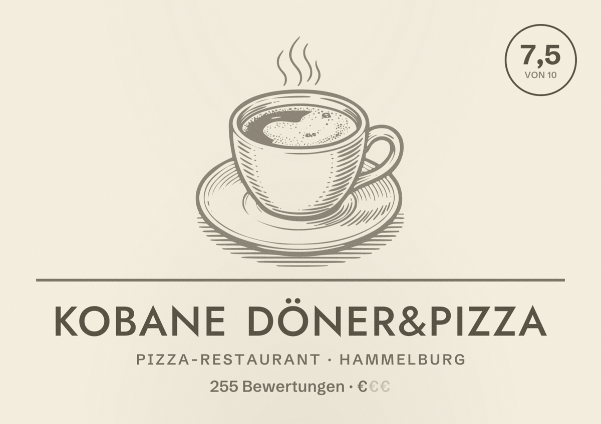 Illustriertes Poster von Kobane Döner&Pizza, Pizza-Restaurant in Hammelburg: Bewertung 7,5 von 10 aus 255 Bewertungen, Preisniveau €