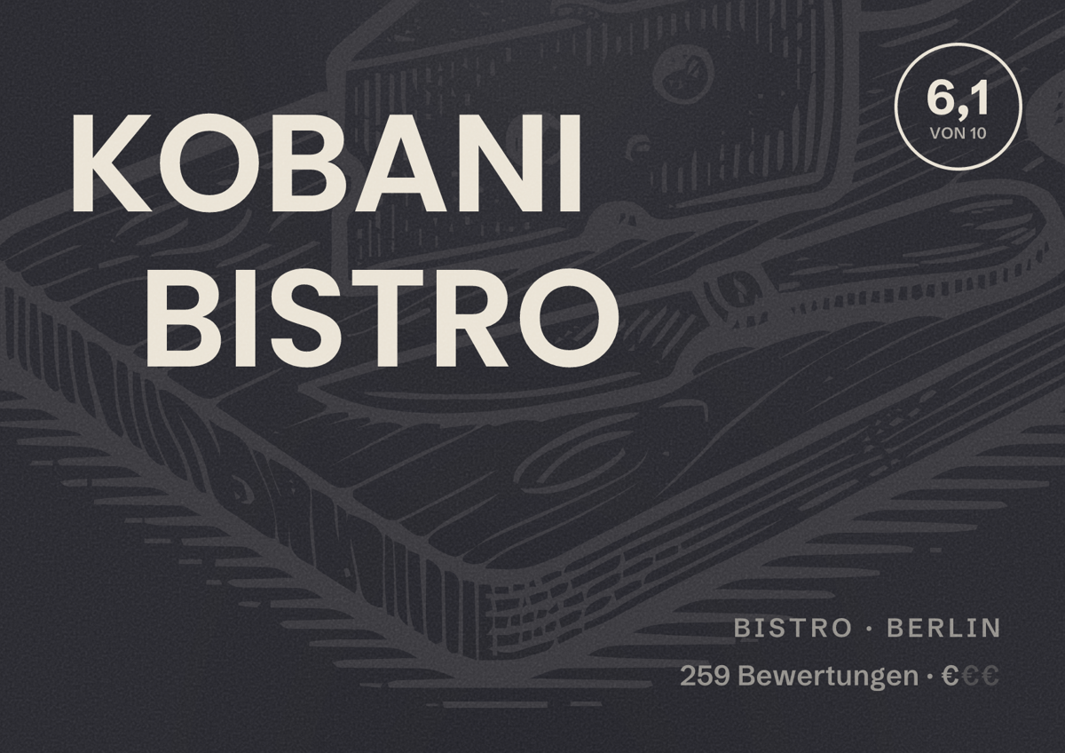 Illustriertes Poster von KOBANI BISTRO, Bistro in Berlin: Bewertung 6,1 von 10 aus 259 Bewertungen, Preisniveau €