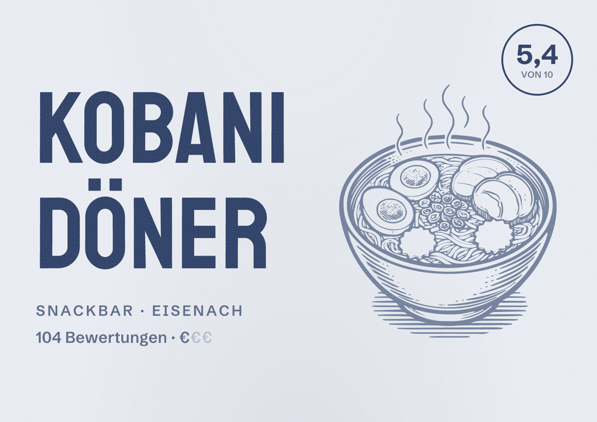 Illustriertes Poster von KOBANI DÖNER, Snackbar in Eisenach: Bewertung 5,4 von 10 aus 104 Bewertungen, Preisniveau €
