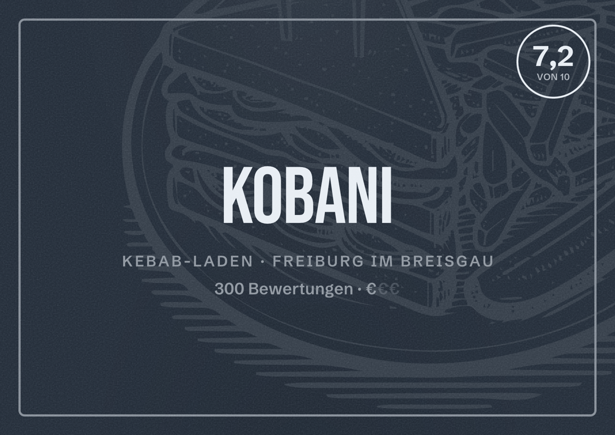 Illustriertes Poster von Kobani, Kebab-Laden in Freiburg im Breisgau: Bewertung 7,2 von 10 aus 300 Bewertungen, Preisniveau €