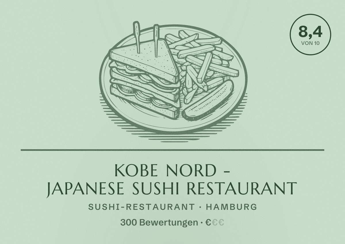 Illustriertes Poster von Kobe Nord - Japanese Sushi Restaurant, Sushi-Restaurant in Hamburg: Bewertung 8,4 von 10 aus 300 Bewertungen, Preisniveau €