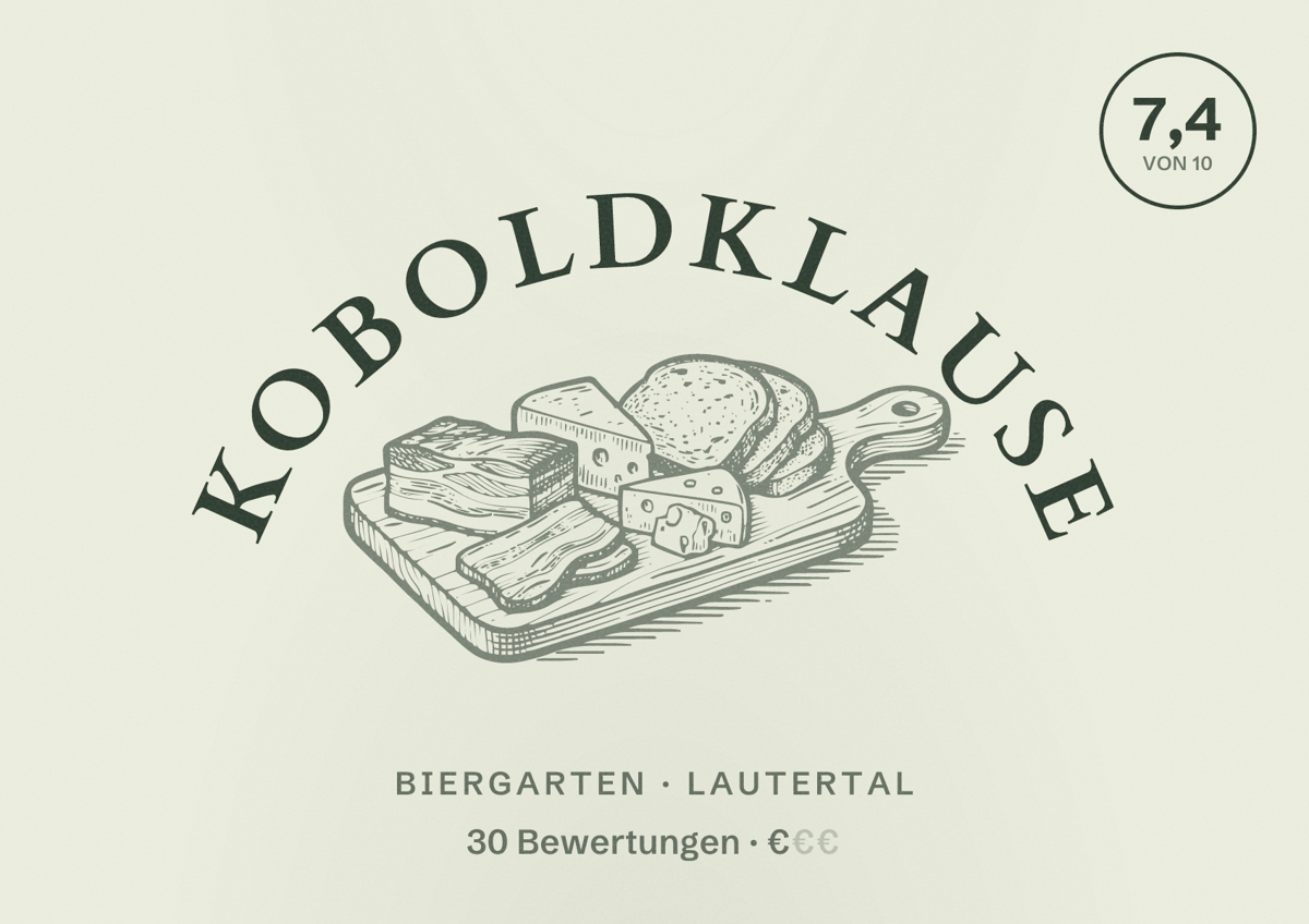 Illustriertes Poster von Koboldklause, Biergarten in Lautertal: Bewertung 7,4 von 10 aus 30 Bewertungen, Preisniveau €