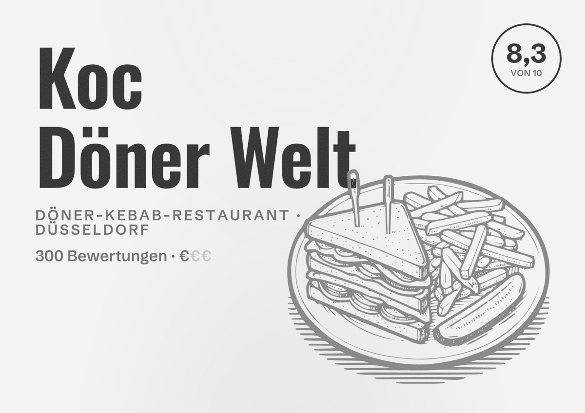 Illustriertes Poster von Koc Döner Welt, Döner-Kebab-Restaurant in Düsseldorf: Bewertung 8,3 von 10 aus 300 Bewertungen, Preisniveau €