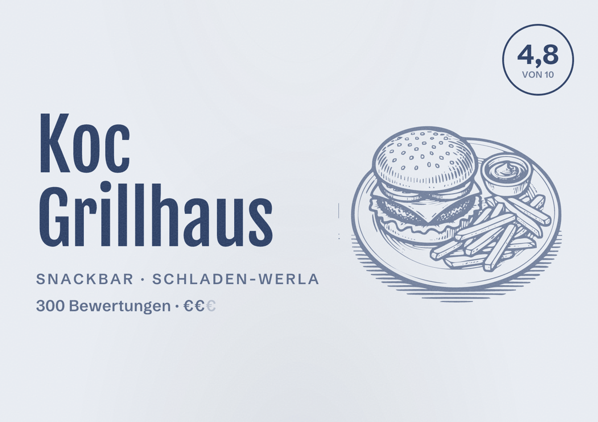 Illustriertes Poster von Koc Grillhaus, Snackbar in Schladen-Werla: Bewertung 4,8 von 10 aus 300 Bewertungen, Preisniveau €€