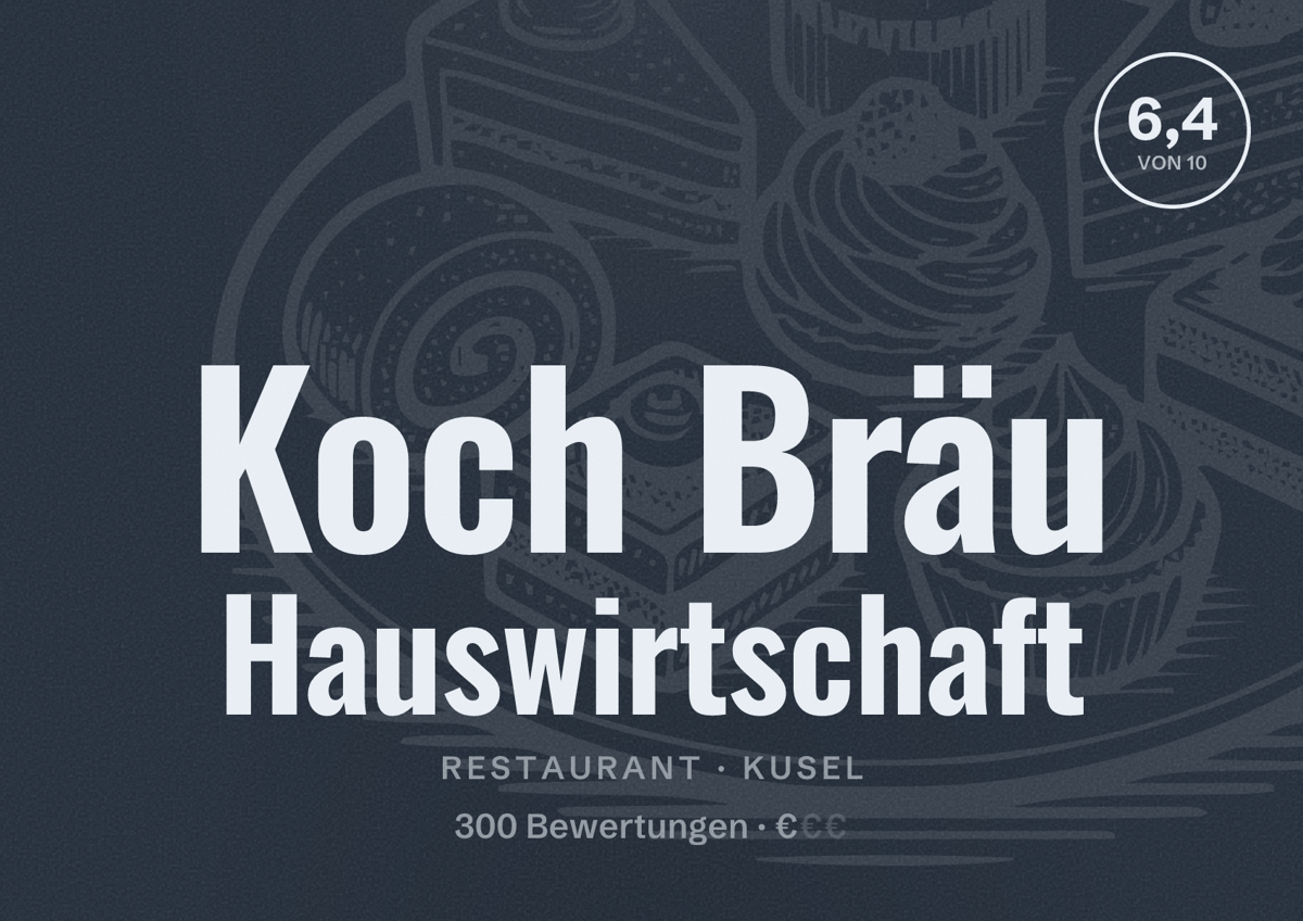 Illustriertes Poster von Koch Bräu Hauswirtschaft, Restaurant in Kusel: Bewertung 6,4 von 10 aus 300 Bewertungen, Preisniveau €