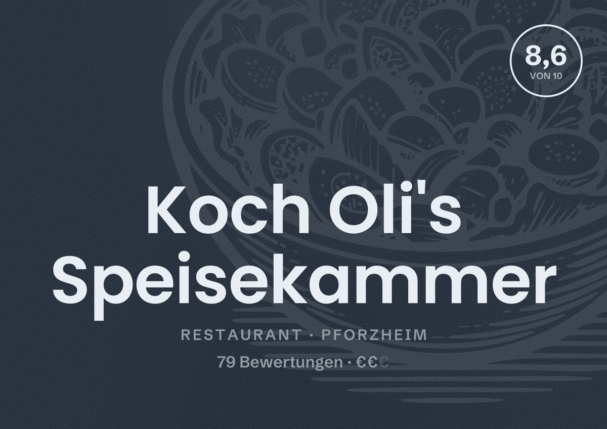 Illustriertes Poster von Koch Oli's Speisekammer, Restaurant in Pforzheim: Bewertung 8,6 von 10 aus 79 Bewertungen, Preisniveau €€