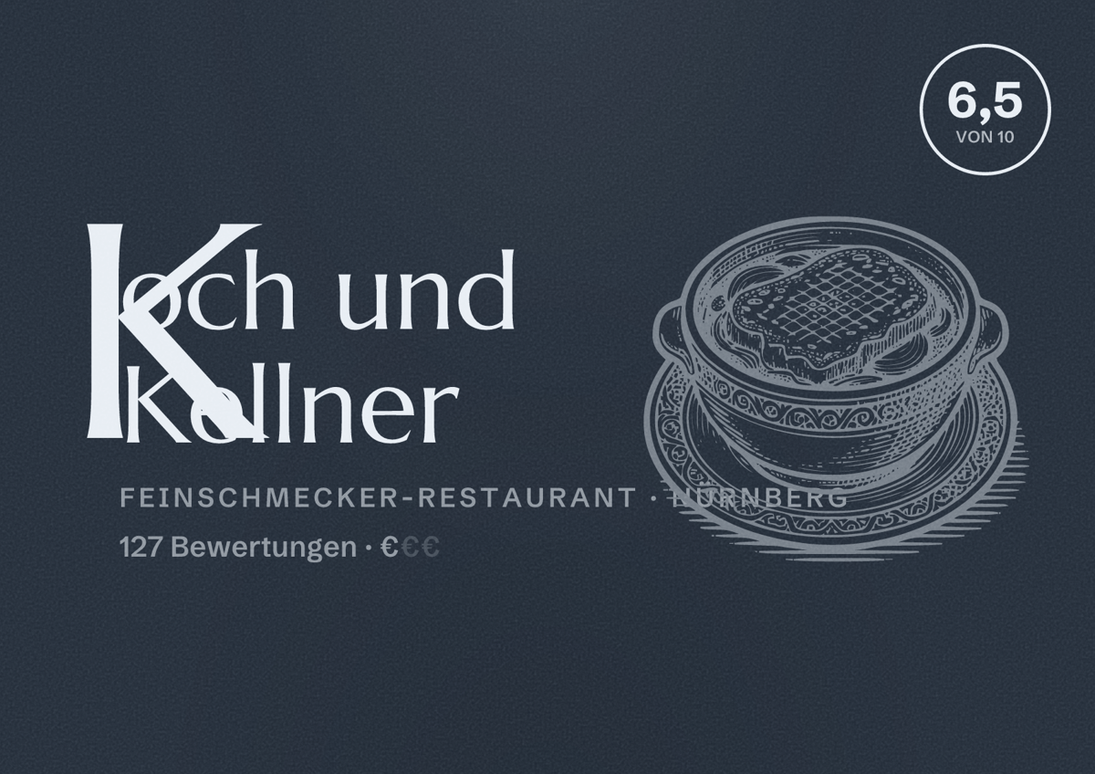 Illustriertes Poster von Koch und Kellner, Feinschmecker-Restaurant in Nürnberg: Bewertung 6,5 von 10 aus 127 Bewertungen, Preisniveau €