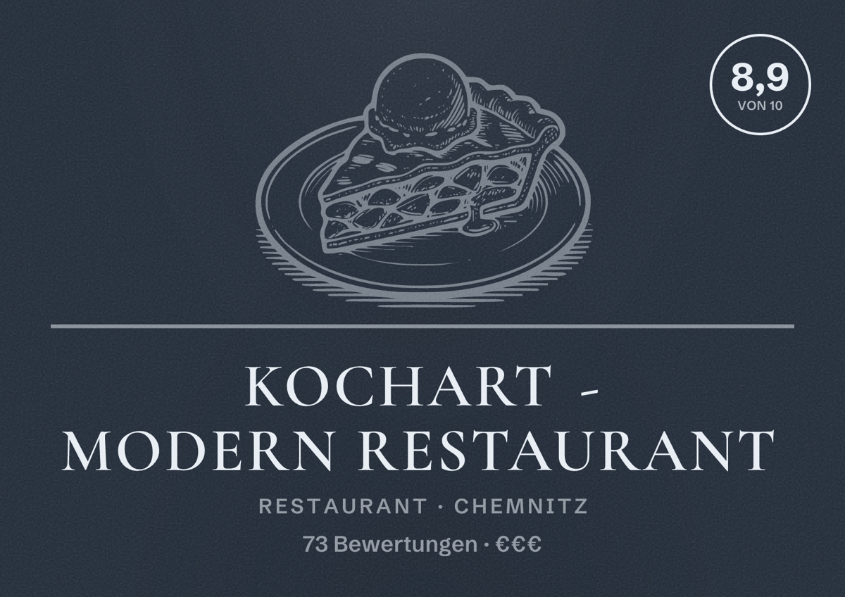 Illustriertes Poster von KochArt - modern restaurant, Restaurant in Chemnitz: Bewertung 8,9 von 10 aus 73 Bewertungen, Preisniveau €€€