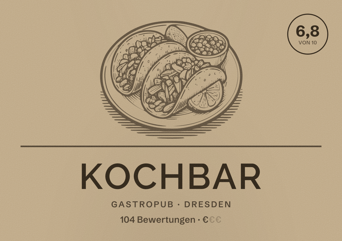 Illustriertes Poster von KochBar, Gastropub in Dresden: Bewertung 6,8 von 10 aus 104 Bewertungen, Preisniveau €