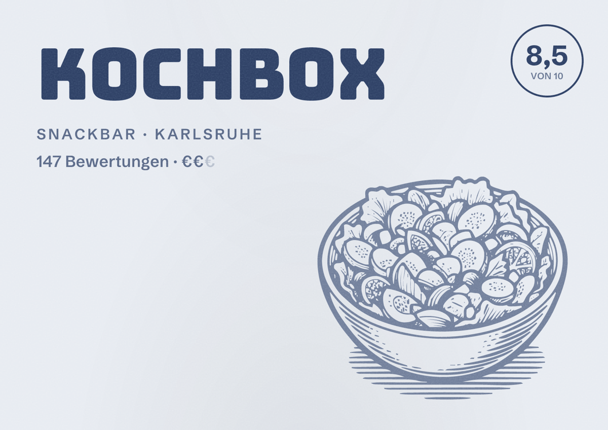 Illustriertes Poster von KochBox, Snackbar in Karlsruhe: Bewertung 8,5 von 10 aus 147 Bewertungen, Preisniveau €€