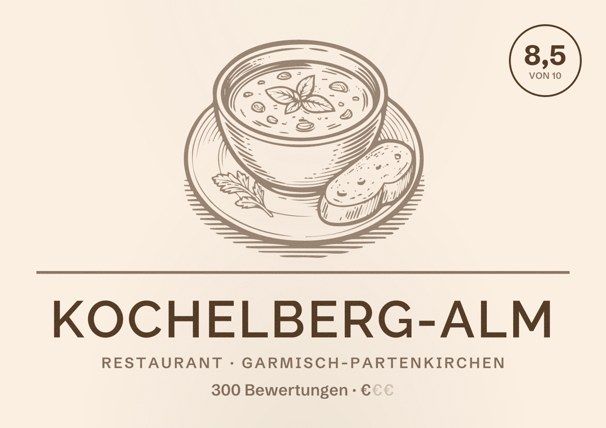 Illustriertes Poster von Kochelberg-Alm, Restaurant in Garmisch-Partenkirchen: Bewertung 8,5 von 10 aus 300 Bewertungen, Preisniveau €
