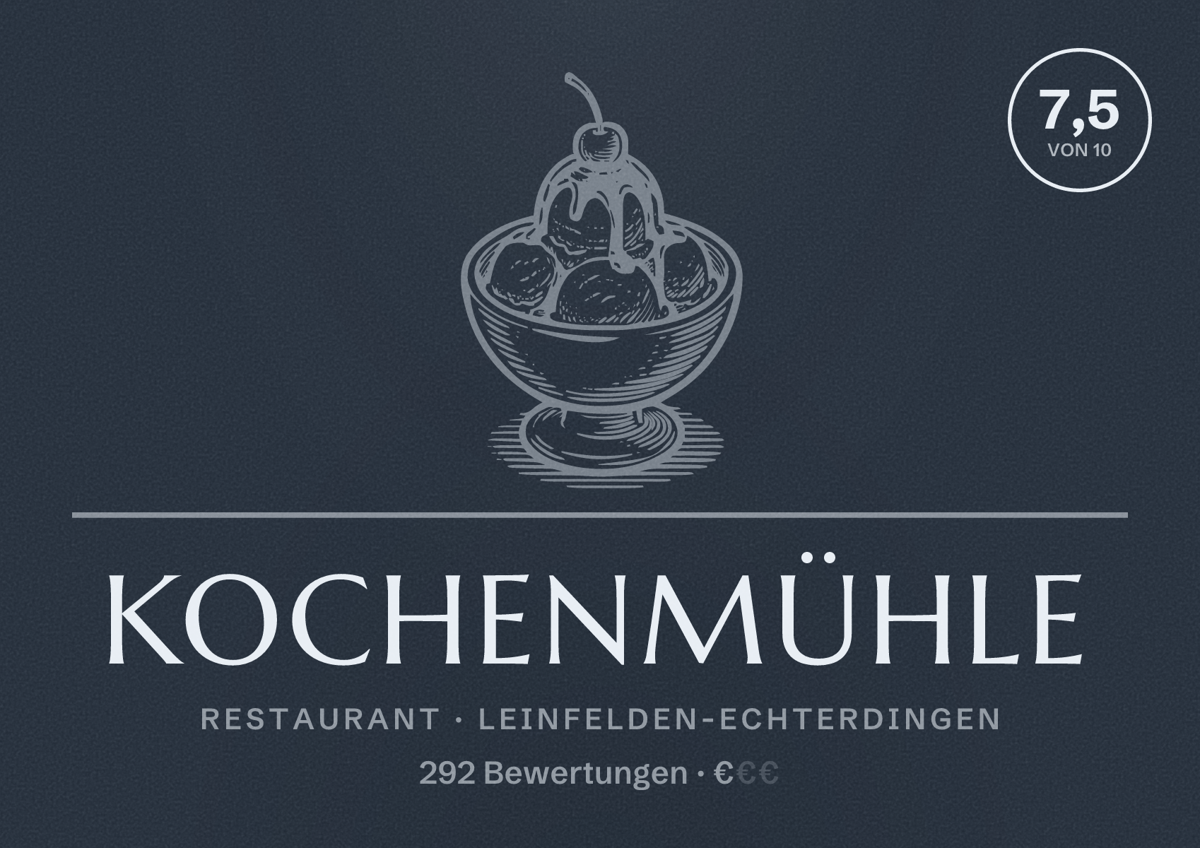 Illustriertes Poster von Kochenmühle, Restaurant in Leinfelden-Echterdingen: Bewertung 7,5 von 10 aus 292 Bewertungen, Preisniveau €