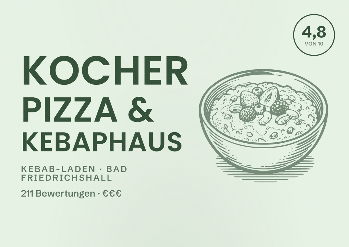 Illustriertes Poster von Kocher Pizza & Kebaphaus, Kebab-Laden in Bad Friedrichshall: Bewertung 4,8 von 10 aus 211 Bewertungen, Preisniveau €€€