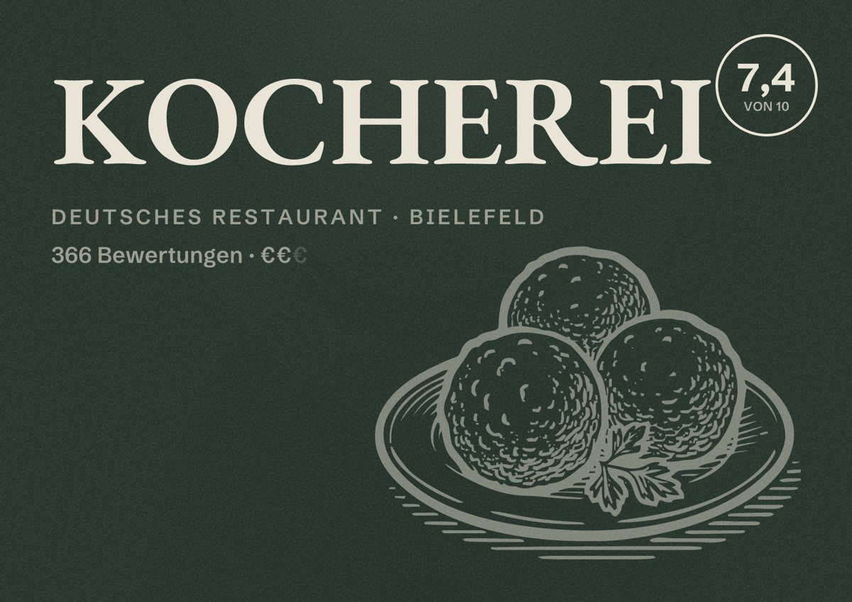 Illustriertes Poster von KOCHEREI, Deutsches Restaurant in Bielefeld: Bewertung 7,4 von 10 aus 366 Bewertungen, Preisniveau €€