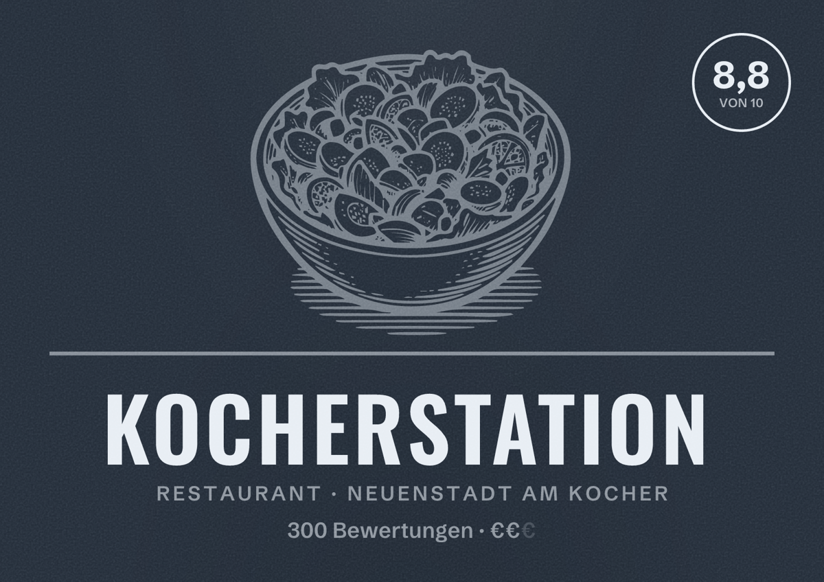 Illustriertes Poster von Kocherstation, Restaurant in Neuenstadt am Kocher: Bewertung 8,8 von 10 aus 300 Bewertungen, Preisniveau €€