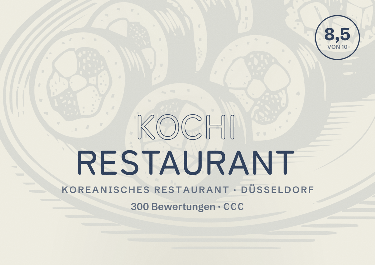 Illustriertes Poster von Kochi Restaurant, Koreanisches Restaurant in Düsseldorf: Bewertung 8,5 von 10 aus 300 Bewertungen, Preisniveau €€€