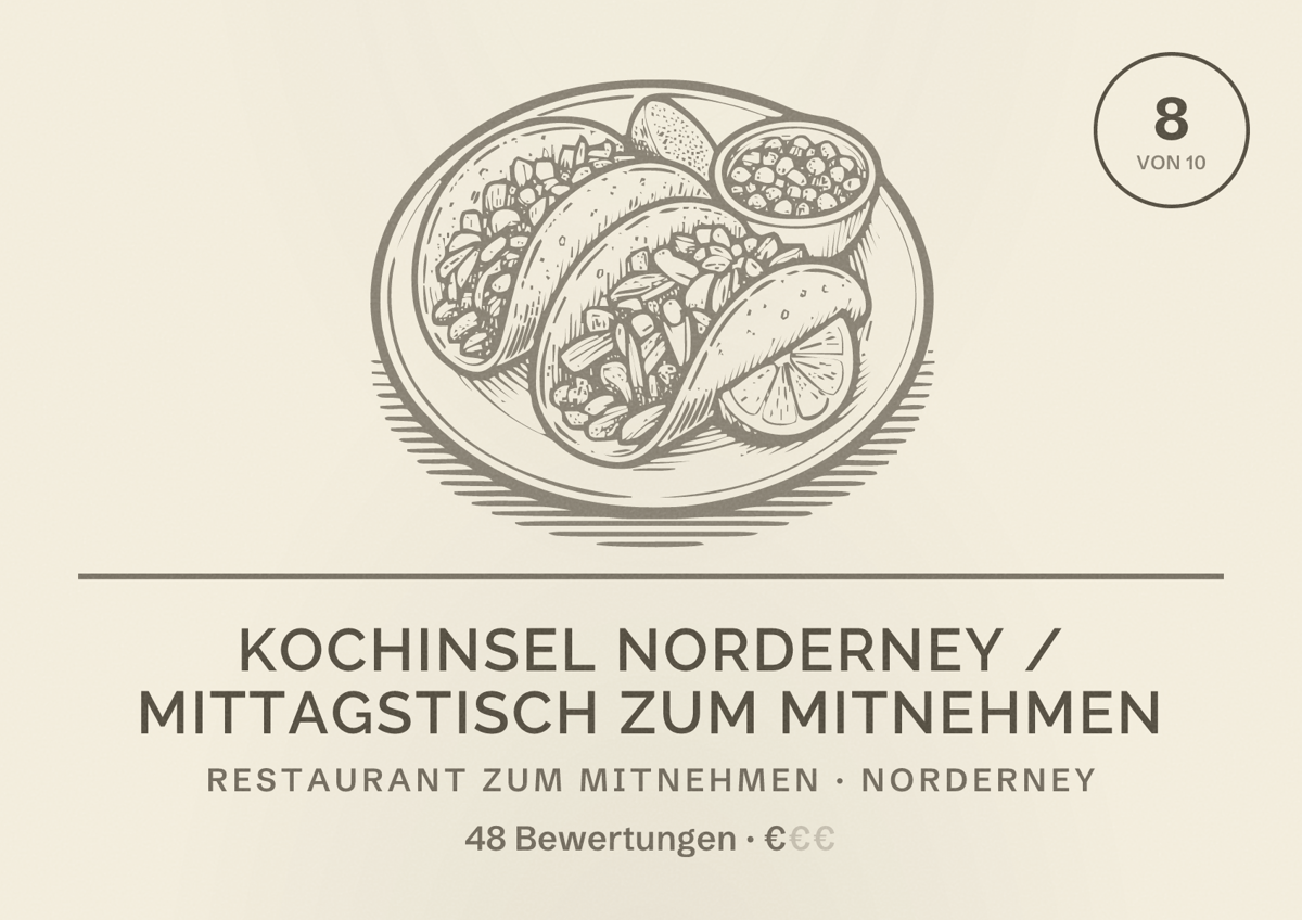 Illustriertes Poster von Kochinsel Norderney / Mittagstisch zum Mitnehmen, Restaurant zum Mitnehmen in Norderney: Bewertung 8 von 10 aus 48 Bewertungen, Preisniveau €