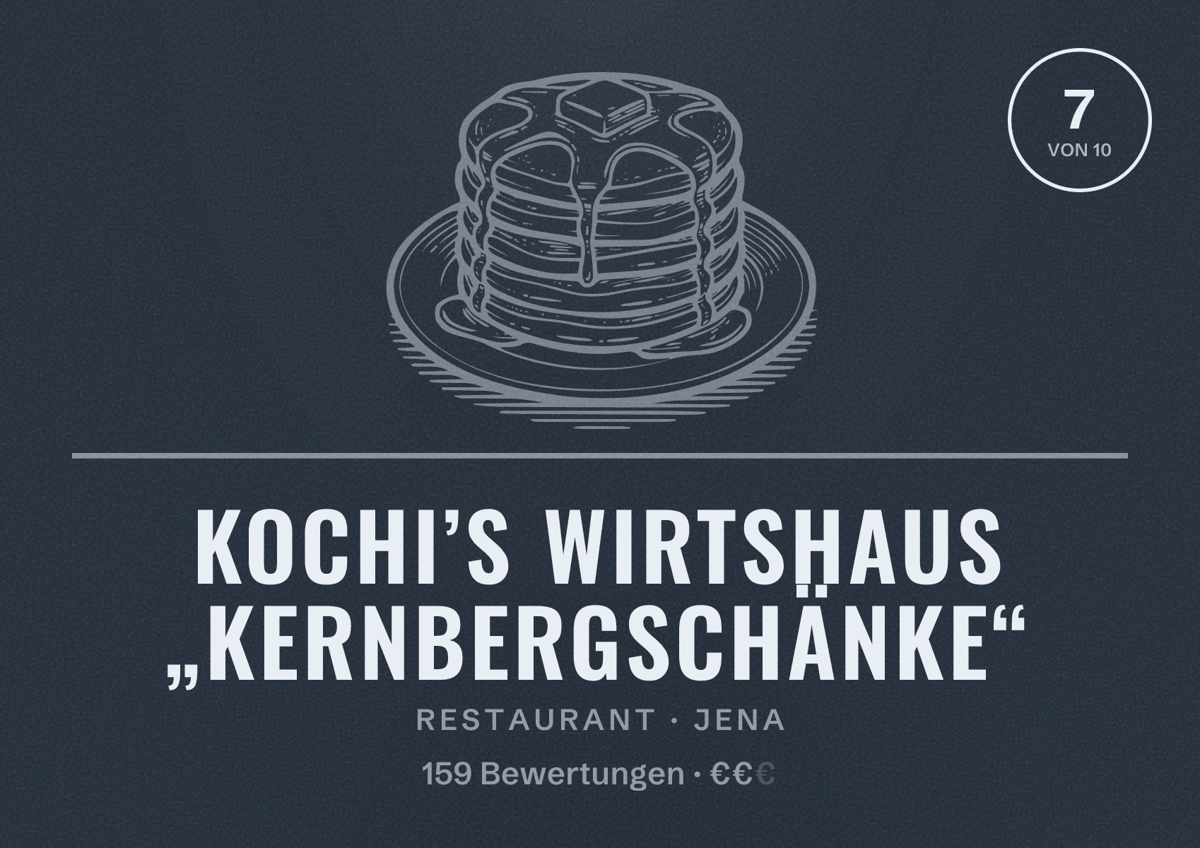 Illustriertes Poster von KOCHI’S Wirtshaus „Kernbergschänke“, Restaurant in Jena: Bewertung 7 von 10 aus 159 Bewertungen, Preisniveau €€