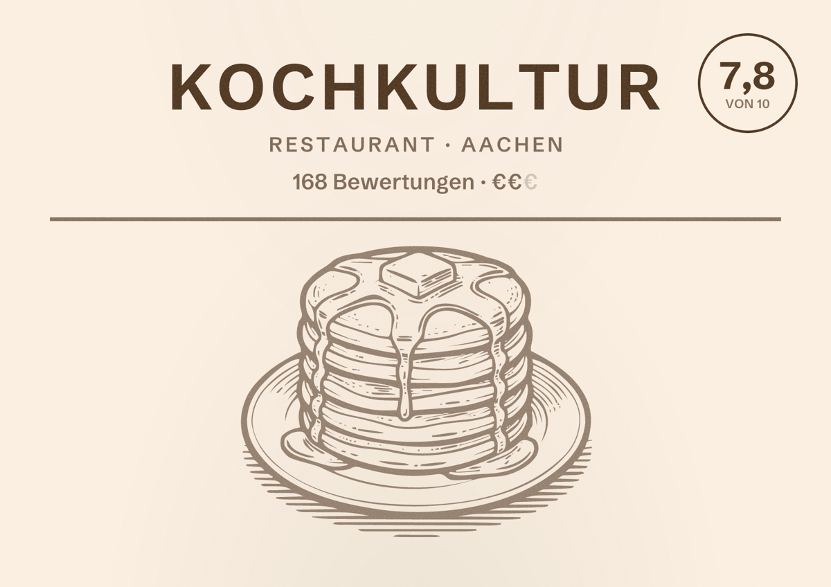 Illustriertes Poster von KOCHKULTUR, Restaurant in Aachen: Bewertung 7,8 von 10 aus 168 Bewertungen, Preisniveau €€