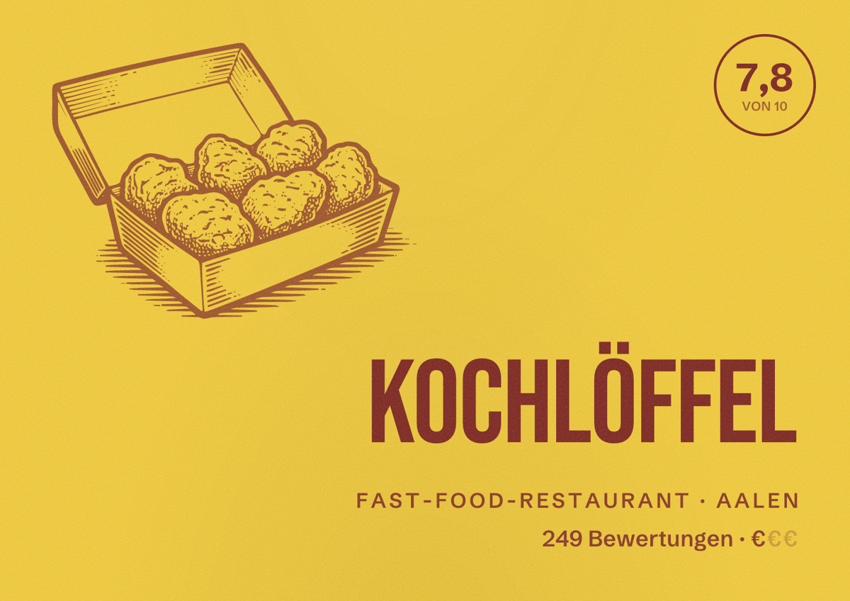 Illustriertes Poster von Kochlöffel, Fast-Food-Restaurant in Aalen: Bewertung 7,8 von 10 aus 249 Bewertungen, Preisniveau €
