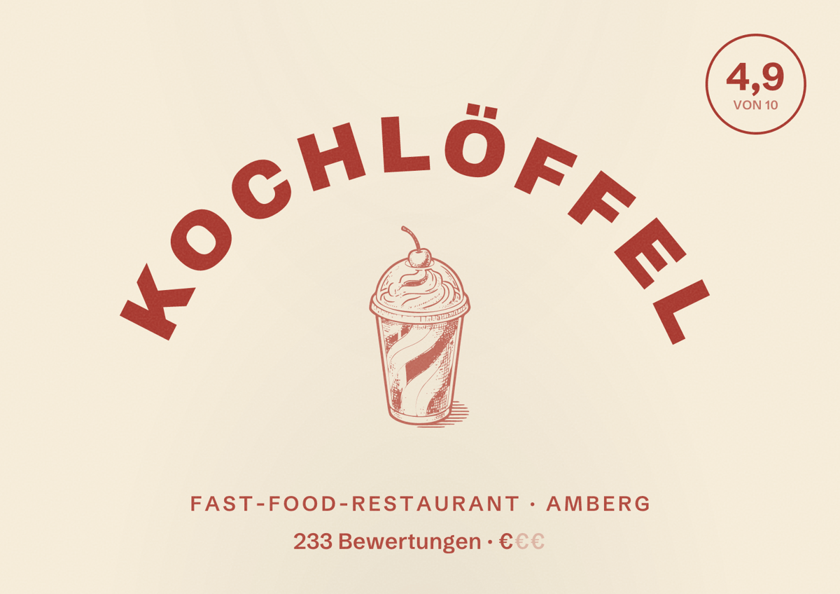 Illustriertes Poster von Kochlöffel, Fast-Food-Restaurant in Amberg: Bewertung 4,9 von 10 aus 233 Bewertungen, Preisniveau €