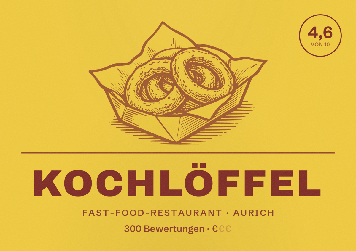Illustriertes Poster von Kochlöffel, Fast-Food-Restaurant in Aurich: Bewertung 4,6 von 10 aus 300 Bewertungen, Preisniveau €