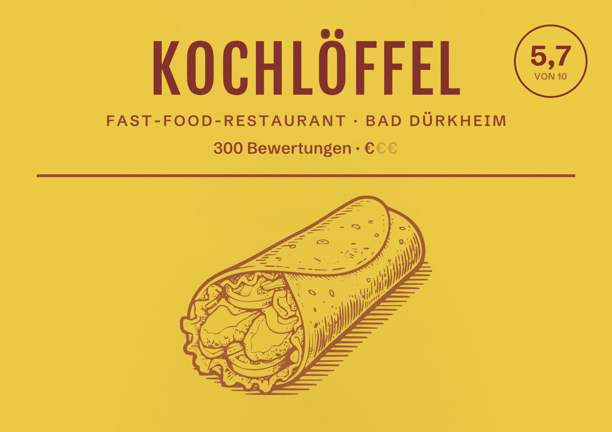 Illustriertes Poster von Kochlöffel, Fast-Food-Restaurant in Bad Dürkheim: Bewertung 5,7 von 10 aus 300 Bewertungen, Preisniveau €