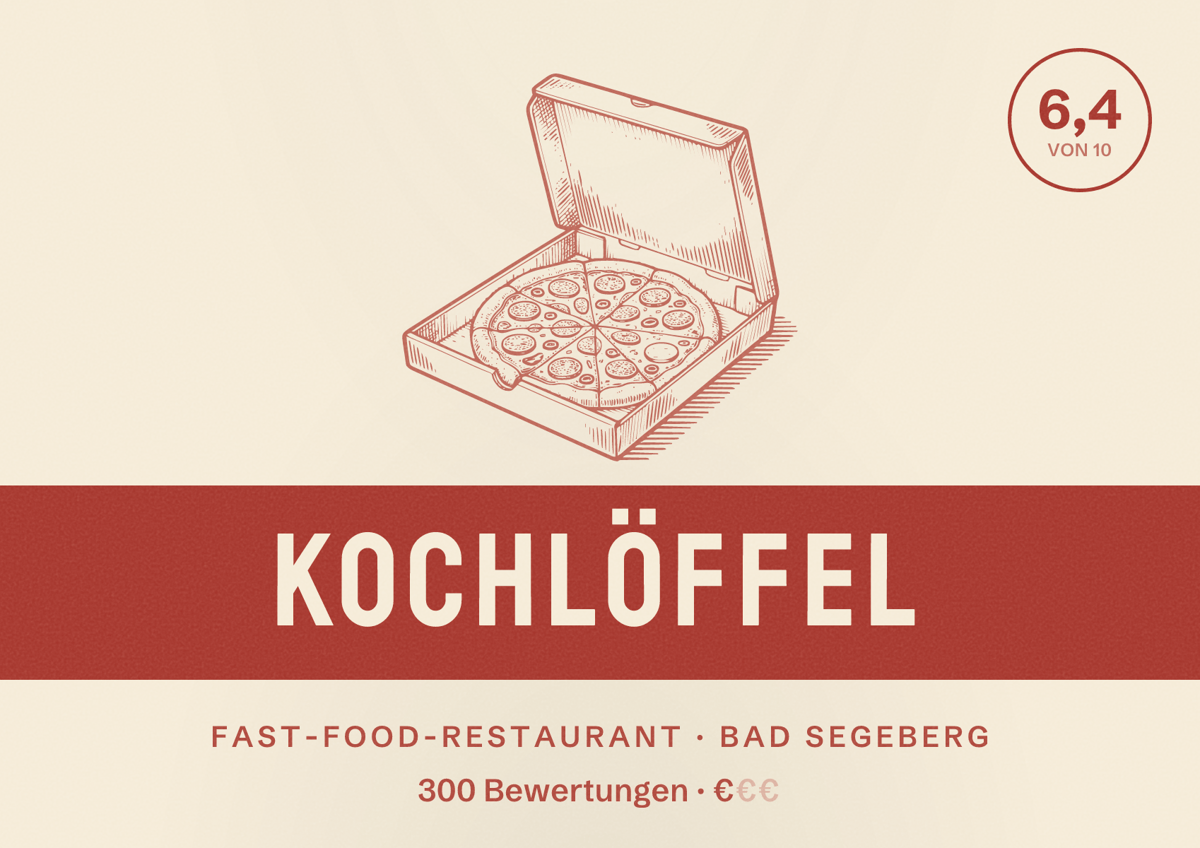 Illustriertes Poster von Kochlöffel, Fast-Food-Restaurant in Bad Segeberg: Bewertung 6,4 von 10 aus 300 Bewertungen, Preisniveau €