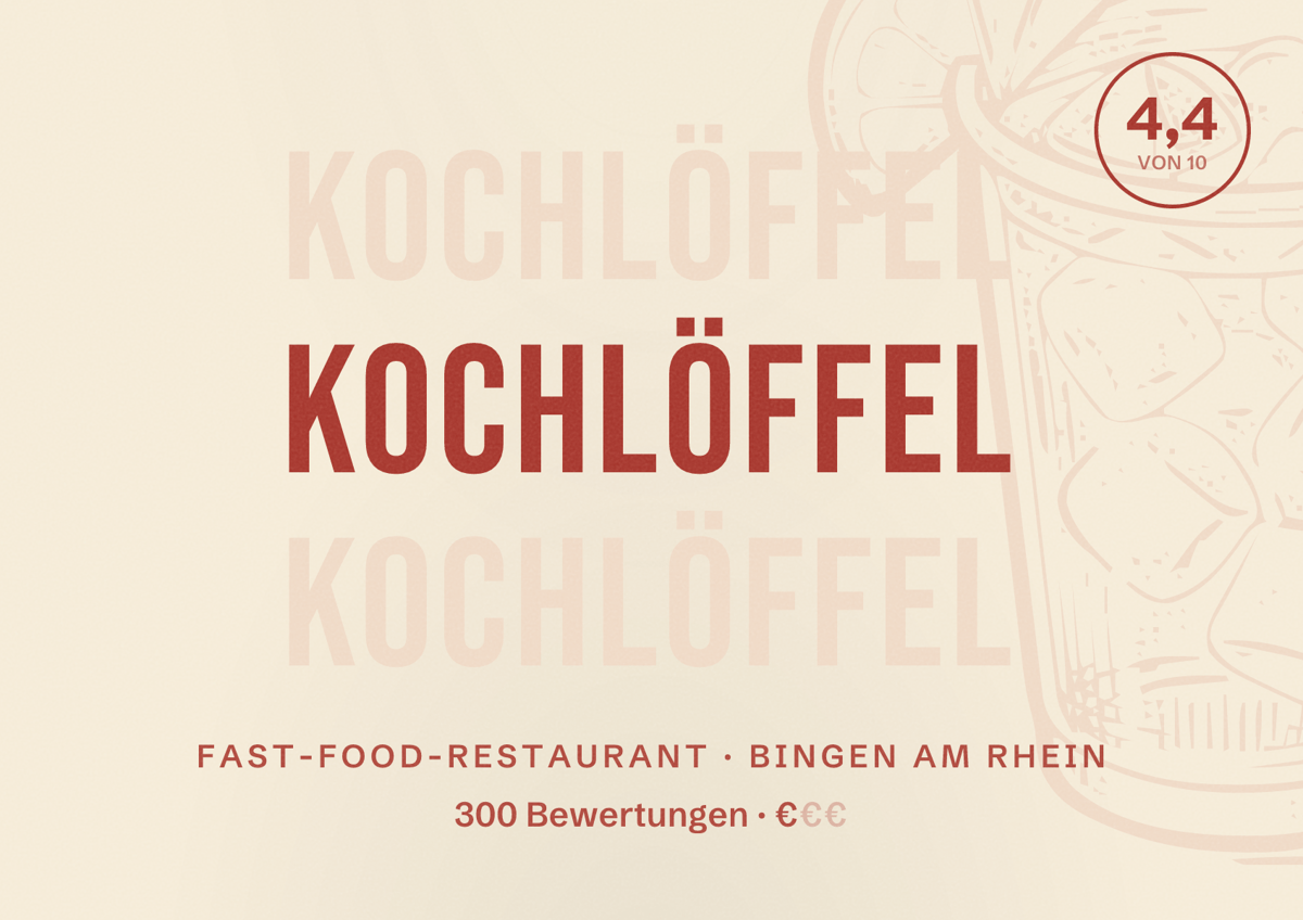 Illustriertes Poster von Kochlöffel, Fast-Food-Restaurant in Bingen am Rhein: Bewertung 4,4 von 10 aus 300 Bewertungen, Preisniveau €
