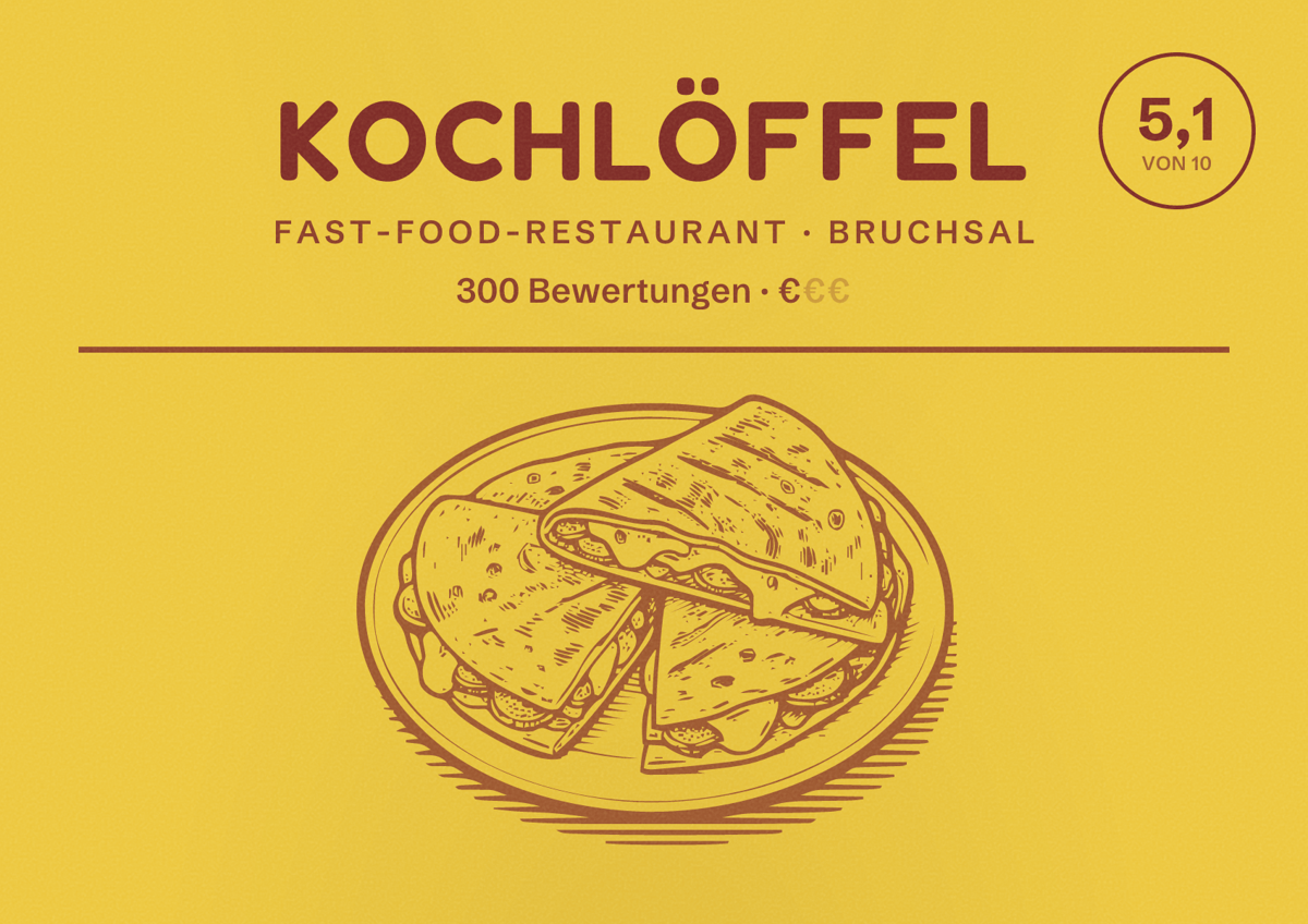 Illustriertes Poster von Kochlöffel, Fast-Food-Restaurant in Bruchsal: Bewertung 5,1 von 10 aus 300 Bewertungen, Preisniveau €