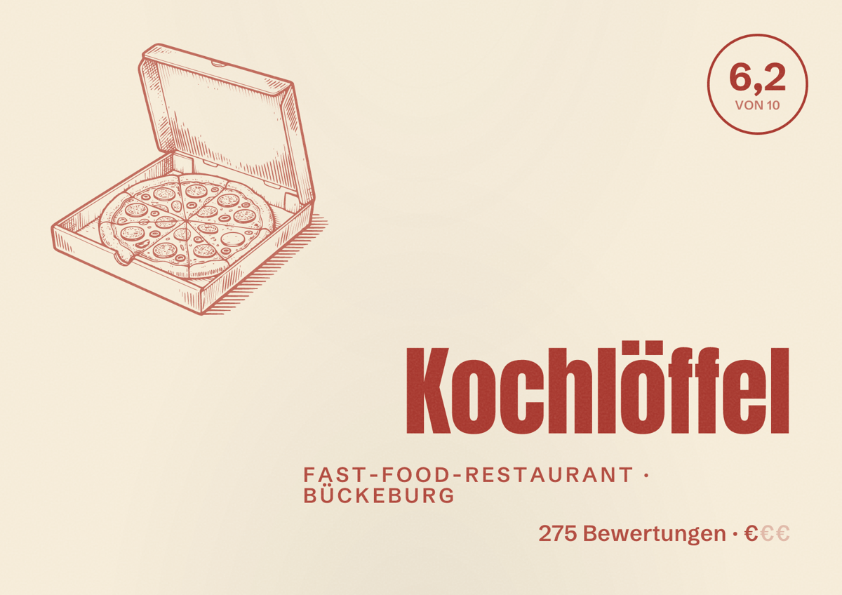 Illustriertes Poster von Kochlöffel, Fast-Food-Restaurant in Bückeburg: Bewertung 6,2 von 10 aus 275 Bewertungen, Preisniveau €