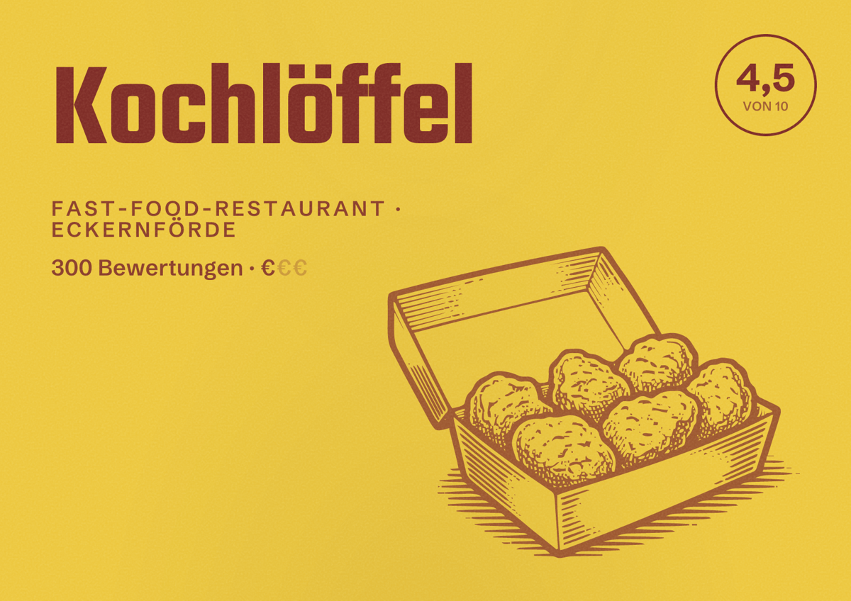 Illustriertes Poster von Kochlöffel, Fast-Food-Restaurant in Eckernförde: Bewertung 4,5 von 10 aus 300 Bewertungen, Preisniveau €