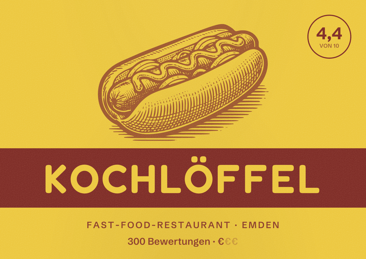 Illustriertes Poster von Kochlöffel, Fast-Food-Restaurant in Emden: Bewertung 4,4 von 10 aus 300 Bewertungen, Preisniveau €