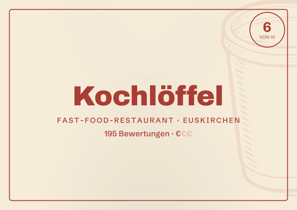 Illustriertes Poster von Kochlöffel, Fast-Food-Restaurant in Euskirchen: Bewertung 6 von 10 aus 195 Bewertungen, Preisniveau €