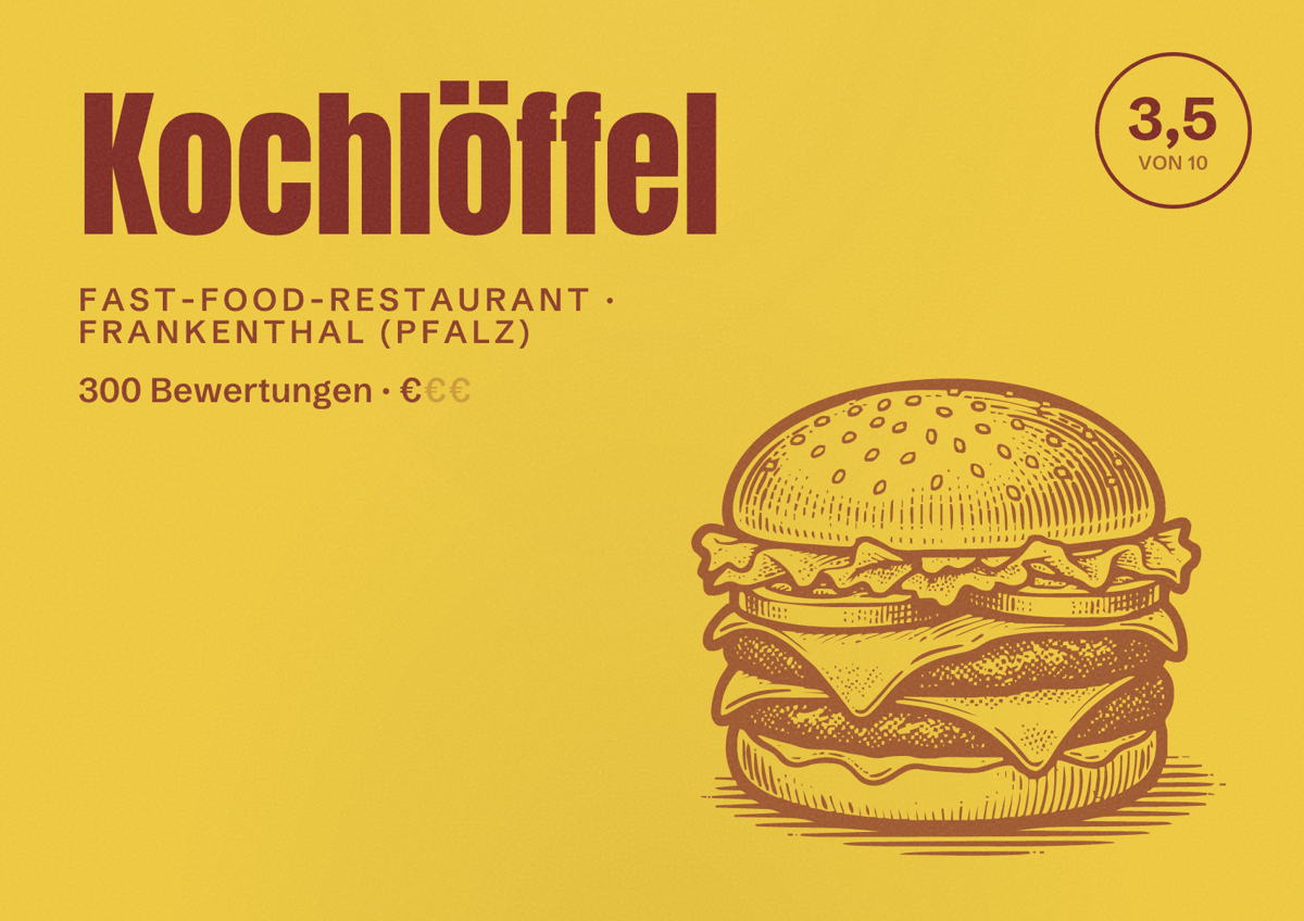 Illustriertes Poster von Kochlöffel, Fast-Food-Restaurant in Frankenthal (Pfalz): Bewertung 3,5 von 10 aus 300 Bewertungen, Preisniveau €