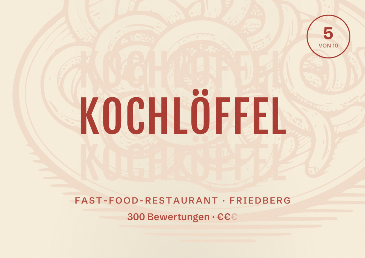 Illustriertes Poster von Kochlöffel, Fast-Food-Restaurant in Friedberg: Bewertung 5 von 10 aus 300 Bewertungen, Preisniveau €€